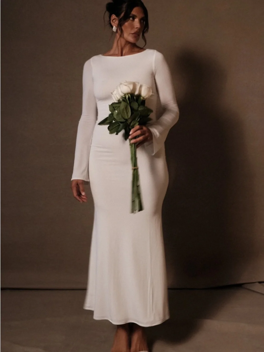 NWT Meshki Tarns Slinky Fishtail Long-Sleeve Ivory White Bridal Gown Maxi Dress - Picture 1 of 6